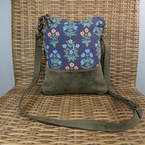 Better Life Bags Floral Leather Canvas Corduroy Crossbody Bag Blue Green